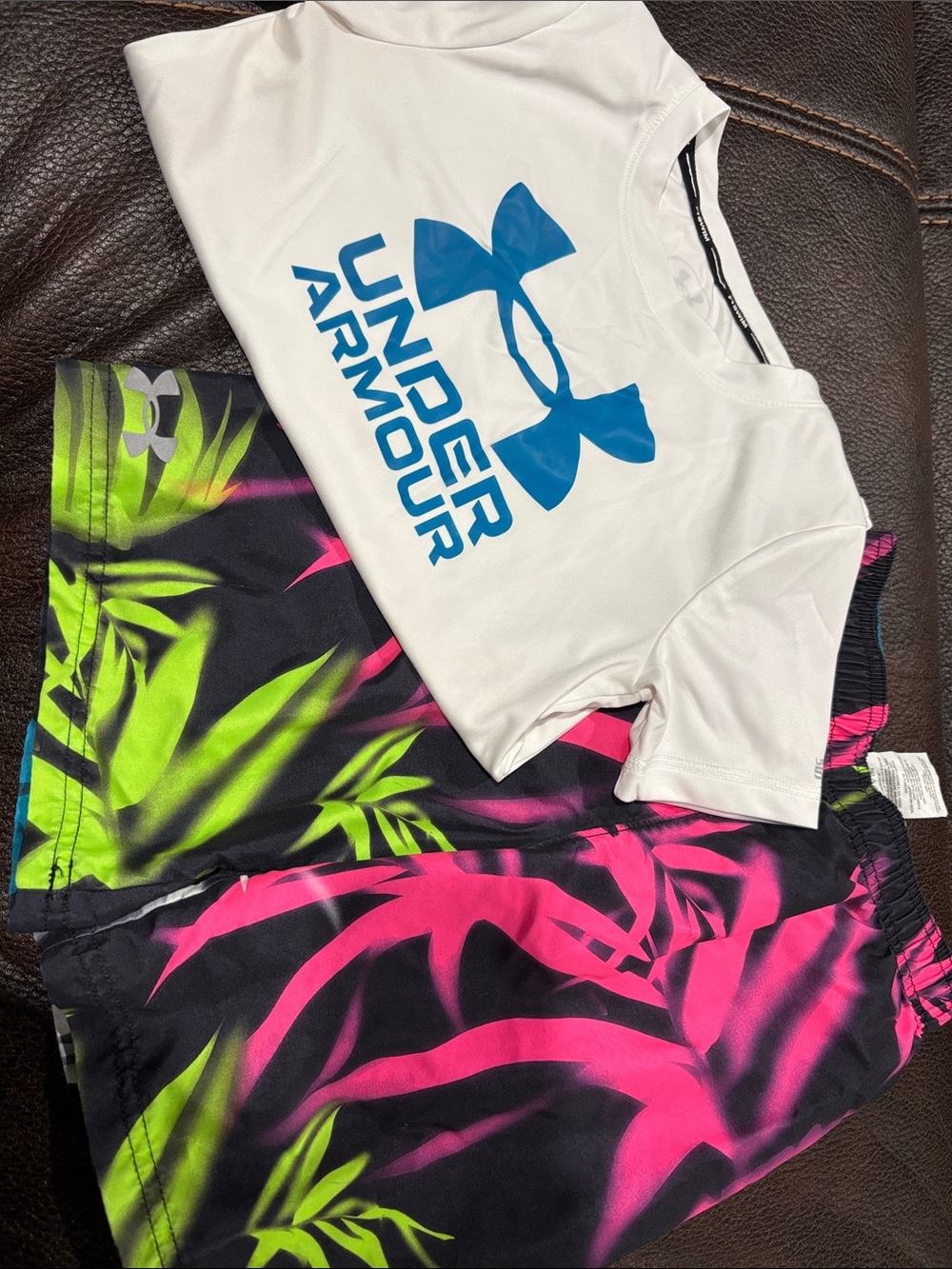 Under Armour White Tee with Neon Pink and Lime Swim Shorts